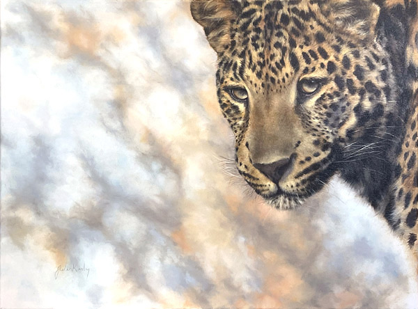 Jules Kesby, leopard, fleeting glimpse, oil on canvas